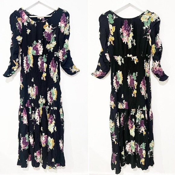 ByTiMo Floral Crepe Smocked Drop Waist Black Floral Gathered Maxi Dress small - Picture 3 of 11